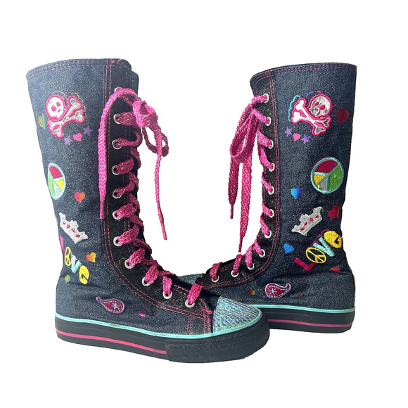 Bongo Girls Size 12 Blue Glitter Denim Knee High Sneaker Boots Embroidered Signs